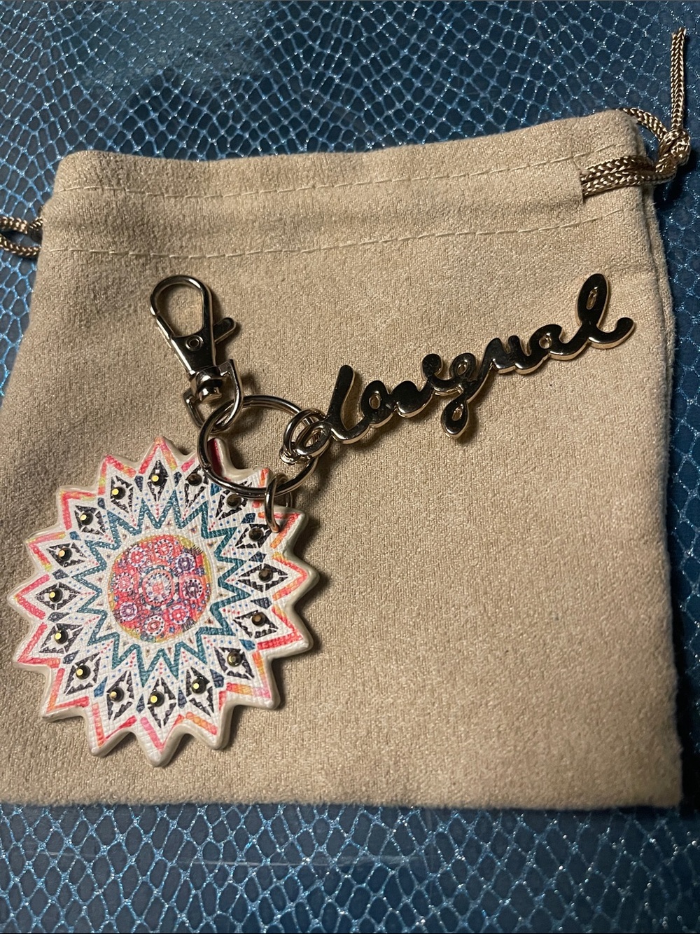 Desigual Gold Script Keyring with Colorful Mandala purse Charm